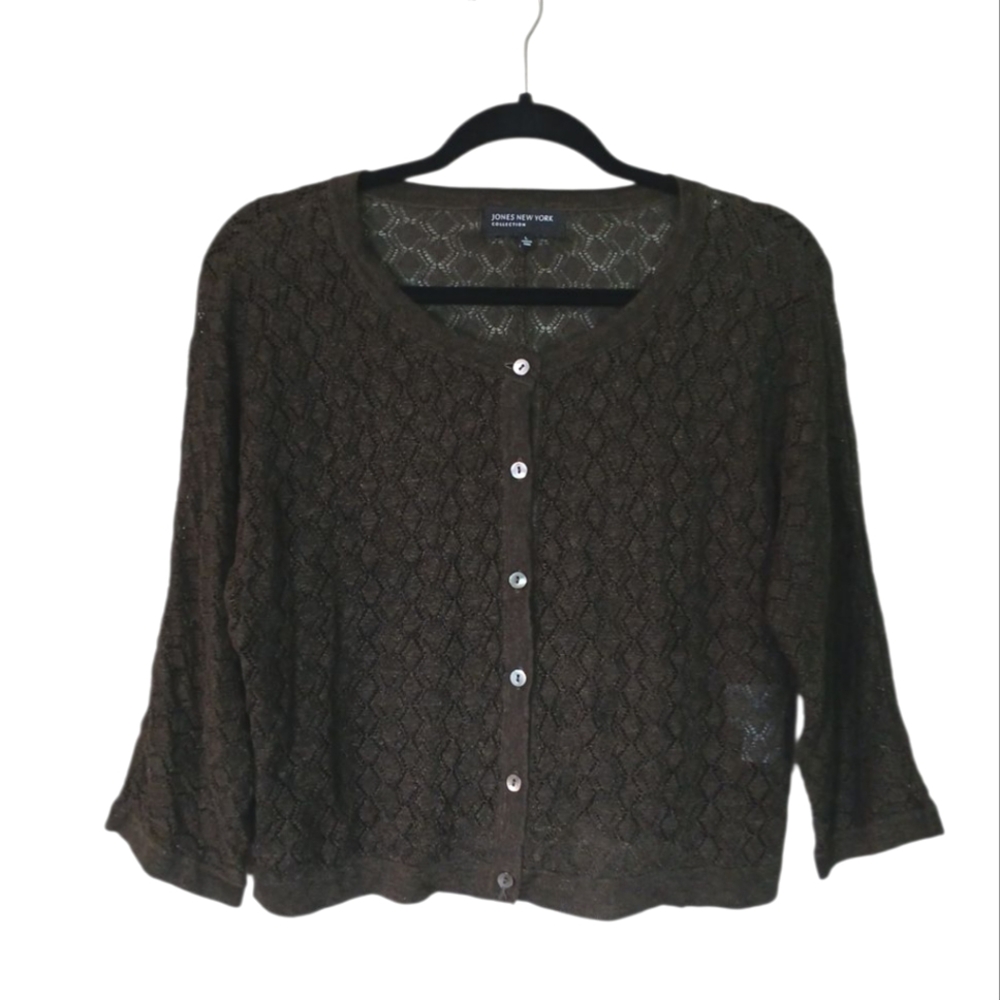 Jones New York Linen Blend Dark Green Textured Cropped Cardigan Size Large